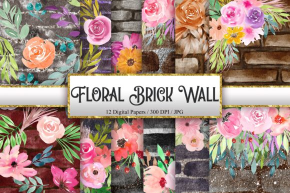 Floral Brick Wall Watercolor Background