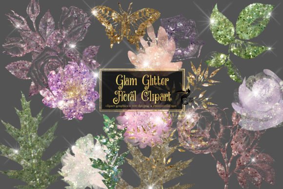 Glam Glitter Floral Clipart: Sparkling Digital Assets